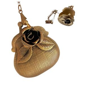 Puffy Locket Pendant Vintage Brass Purse with Rose Flower Hinged Necklace 28”